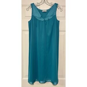 Vassarette Vintage Teal Blue Nightgown and Robe Set Embroidered Satin Trim Small